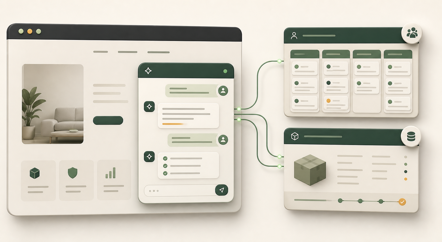 Ilustración de un agente web conectado a CRM y ERP